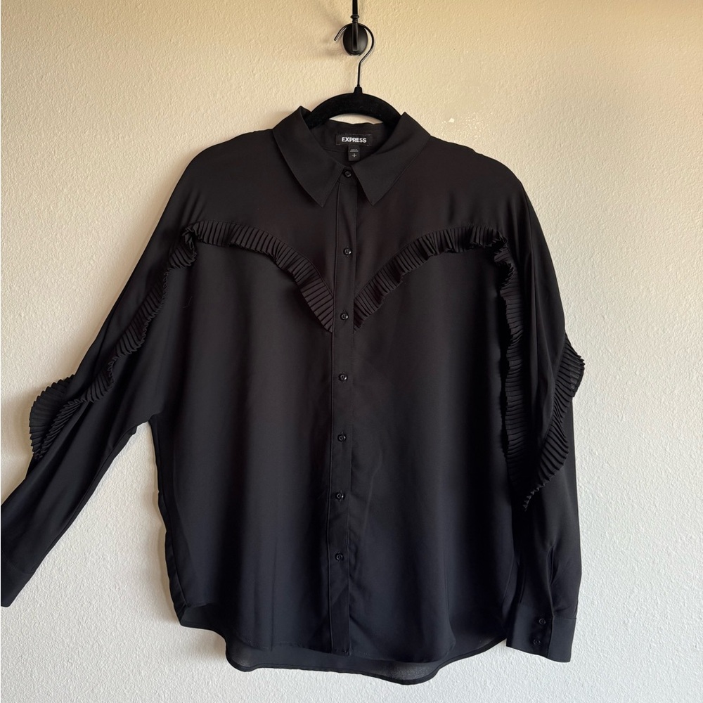 Express Black Ruffle-Trim Button-Up Blouse - Picture 2 of 4